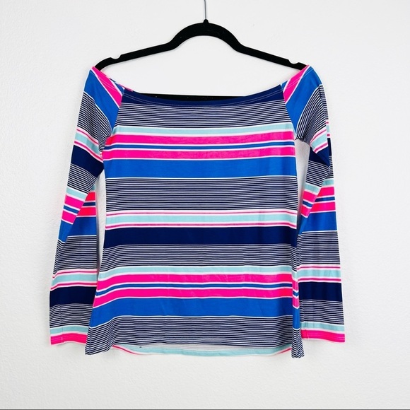 LILLY PULITZER Audelia Off the Shoulder Top True Blue Kaleidoscope Stripe, XS - Picture 5 of 8